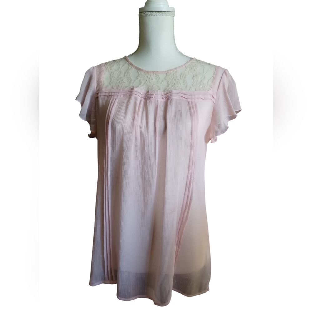 Vanity short sleeve sheer blouse w/ lace neck soft pink (No Size known)